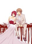  1girl baccano! blood bouquet brown_hair closed_eyes couple dress ennis firo_prochainezo flower formal hetero ki_(mxxxx) red_hair rose suit wedding_dress 