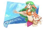  :d copyright_name day feena_(grandia) fuji_(piro) grandia grandia_i green_eyes green_hair hair_ornament hair_tubes jewelry long_hair low-tied_long_hair midriff miniskirt necklace ocean open_mouth outstretched_hand pendant pink_skirt red_ribbon ribbon skirt sky smile solo very_long_hair wide_sleeves 