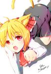  animal_ears ascot blonde_hair cat_ears cat_tail hair_ornament hair_ribbon highres kemonomimi_mode kneeling long_sleeves looking_at_viewer mayonaka_taruho open_mouth paw_pose red_eyes ribbon rumia shirt short_hair simple_background skirt skirt_set solo tail touhou twitter_username vest white_background 
