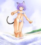  animal_ears barefoot bastet_lore bikini breasts cat_ears cat_tail emil_chronicle_online from_below kasuga_yukihito navel purple_bikini purple_hair short_hair side-tie_bikini small_breasts solo splashing striped striped_bikini swimsuit tail toes wading yellow_eyes 