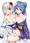  blue_eyes blue_hair breasts cleavage double_bun flower hair_flower hair_ornament hair_over_one_eye hairclip hamakaze_(kantai_collection) henet_hene japanese_clothes kantai_collection kimono large_breasts mask multiple_girls short_hair silver_hair urakaze_(kantai_collection) yukata 