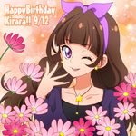  amanogawa_kirara bow brown_hair character_name earrings flower go!_princess_precure hair_bow hairband happy_birthday heart heart_background jewelry long_hair masako_(sabotage-mode) necklace one_eye_closed orange_background precure purple_bow purple_eyes purple_hairband smile solo star star_earrings twintails 