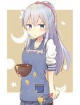  alternate_costume alternate_hairstyle apron black_legwear blue_eyes blue_skirt bowl crescent_moon expressionless food_on_clothes hair_ribbon hibiki_(kantai_collection) highres kantai_collection kara_(color1087) long_hair looking_at_viewer looking_to_the_side miniskirt moon pleated_skirt ribbon silver_hair simple_background skirt sleeves_pushed_up solo standing star thighhighs whisk yellow_background 