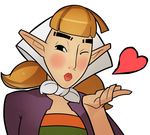  1girl blowing_kiss blown_kiss blush brown_hair lips looking_at_viewer one_eye_closed peatrice pointy_ears puckered_lips short_twintails simple_background skyward_sword solo the_legend_of_zelda the_legend_of_zelda:_skyward_sword twintails wink winking 