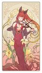  animal_ears art_nouveau bangs blunt_bangs breasts bridal_gauntlets cape cat_ears cleavage dress erune flower gb_hm granblue_fantasy holding instrument leaf light_particles lily_(flower) lips long_hair medium_breasts mole mole_under_eye music open_mouth playing_instrument ponytail red_dress red_hair selfira solo standing violin 