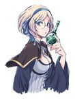  :o alchemist_(granblue_fantasy) beaker blonde_hair blue_ribbon breasts brown_eyes capelet cleavage djeeta_(granblue_fantasy) gb_hm glasses granblue_fantasy hairband holding long_sleeves medium_breasts open_mouth ribbon round_eyewear short_hair simple_background solo upper_body white_background wide_sleeves 
