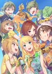  5girls :d apron blonde_hair blue_eyes brown_hair glasses gloves green_eyes grin honda_mio hoshii_miki ibuki_tsubasa idolmaster idolmaster_(classic) idolmaster_cinderella_girls idolmaster_million_live! idolmaster_side-m im_yujin kashiwagi_tsubasa long_hair maru_(sara_duke) multiple_boys multiple_girls open_mouth otoko_no_ko over-rim_eyewear paint_can paint_on_clothes paint_on_face paint_splatter paintbrush red-framed_eyewear red_eyes semi-rimless_eyewear short_hair smile spilling spray_can tsuchiya_ako uzuki_makio 