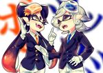  2girls ;d absurdres aori_(splatoon) black_hair business_suit domino_mask earrings fangs food food_on_head formal gloves highres hotaru_(splatoon) jewelry manzai mask multiple_girls necktie object_on_head one_eye_closed open_mouth pinstripe_suit pointy_ears puchiman silver_hair smile splatoon_(series) splatoon_1 striped suit symbol-shaped_pupils tentacle_hair white_gloves 