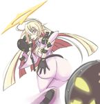  1girl ahoge arc_system_works ass ass_grab ball_and_chain belt blonde_hair blush bodysuit breasts candy deep_skin from_behind gloves guilty_gear guilty_gear_xrd guilty_gear_xrd:_revelator halo huge_ass jack-o_(guilty_gear) leaning leaning_forward lollipop long_hair looking_at_viewer looking_back mask mask_removed multicolored_hair orange_hair red_eyes skin_tight solo 