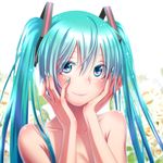  aqua_eyes aqua_hair blush close-up closed_mouth commentary_request face fingers hands hands_on_own_face hatsune_miku highres long_hair looking_at_viewer nail_polish smile solo twintails upper_body very_long_hair vocaloid wokada 