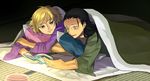  1girl black_hair blanket blonde_hair futon green_eyes ki_(mxxxx) long_hair nara_shikamaru naruto naruto_(series) pillow reading temari 