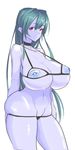  bikini black_bikini blue_hair blue_skin breasts helmet_(touhu812) huge_breasts inverted_nipples long_hair looking_at_viewer nippleless_clothes nipples original red_eyes simple_background skindentation solo swimsuit thick_thighs thighs very_long_hair white_background 