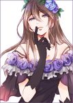  bangs bare_shoulders black_dress black_gloves blue_flower blue_rose border breasts brown_hair cleavage collarbone dress elbow_gloves finger_to_mouth flower gb_hm gloves granblue_fantasy hair_between_eyes hair_flower hair_ornament leaf long_hair medium_breasts open_mouth purple_border purple_eyes purple_flower purple_rose rose rosetta_(granblue_fantasy) solo strap_slip upper_body 