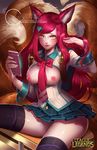  academy_ahri adjusting_hair ahri alternate_costume animal_ears backpack bag bangs black_legwear blush bow breasts breasts_outside cellphone citemer copyright_name cowboy_shot desk facial_mark fox_ears fox_tail glowing heart holding iphone large_breasts layered_skirt league_of_legends logo long_hair looking_at_viewer miniskirt multiple_tails necktie nipples on_desk panties pantyshot pantyshot_(sitting) phone pink_panties pleated_skirt school_desk school_uniform sitting sitting_on_desk skirt sleeve_cuffs slit_pupils smartphone solo swept_bangs tail thighhighs underwear very_long_hair watermark web_address whisker_markings yellow_eyes 