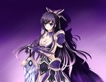  armor breasts cleavage closed_mouth date_a_live expressionless gloves hair_ornament highres large_breasts long_hair looking_at_viewer ponytail purple_eyes purple_hair solo sword weapon wsman yatogami_tooka 