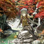  arm_support autumn black_legwear blush boots hat jewelry knee_boots leaf legs long_hair maple_leaf nakabayashi_reimei nature necklace open_mouth original river scarf scenery silver_hair sitting sitting_on_rock skirt smile solo stream sweater thighhighs water waterfall zettai_ryouiki 