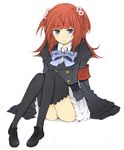  armband bad_id bad_pixiv_id belt blue_eyes blush bow bowtie bug butterfly hair_bobbles hair_ornament highres insect legs melt_(artist) red_hair skirt solo thighhighs umineko_no_naku_koro_ni ushiromiya_ange 