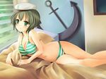  anchor bed bikini black_hair breasts green_eyes hat large_breasts lying murasa_minamitsu nikoo sailor_hat short_hair solo striped striped_bikini swimsuit touhou 