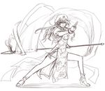  braid brown china_dress chinese_clothes dress fighting_stance hat highres hong_meiling ledjoker07 long_hair monochrome polearm solo spear touhou twin_braids weapon 