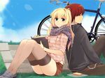  1girl back-to-back bicycle blonde_hair book bracelet brown_hair chain copyright_request digital_media_player earphones grass green_eyes ground_vehicle hood hoodie jewelry loafers long_hair mirk scarf shared_earphones shirt shoes shorts skirt sleeves_rolled_up smile thighhighs 