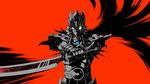  artist_request feathers full_armor helmet highres karas katana otoha_(karas) red_background solo sword weapon wings yellow_eyes 