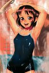  armpits arms_behind_head arms_up brown_eyes brown_hair highres one-piece_swimsuit original school_swimsuit shadow shima_taka shiny shiny_clothes shiny_skin short_hair showering solo swimsuit wet 