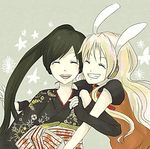  amane_luna animal_ears bad_id bad_pixiv_id black_hair blonde_hair blush bunny_ears closed_eyes colorized headphones hug japanese_clothes kimono lowres multiple_girls nagone_mako ponytail pug_(pixiv) riku_(blue_like) smile teeth utau 