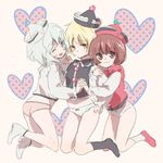  blonde_hair hat heart holding_hands interlocked_fingers kneeling lunasa_prismriver lyrica_prismriver machiko_(beard) merlin_prismriver multiple_girls no_pants one_eye_closed panties short_hair siblings sisters touhou underwear 