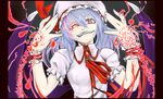  bat_wings blue_hair crazy_eyes fangs grin hands hat highres ledjoker07 red_eyes remilia_scarlet short_hair smile solo teeth touhou vampire wings 