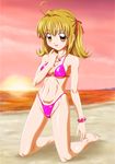  ankoku_tiger barefoot beach bikini blonde_hair bracelet brown_eyes hands highleg highleg_bikini highleg_swimsuit highres jewelry kneeling lips mermaid_melody_pichi_pichi_pitch nanami_lucia necklace official_style pink_bikini short_hair solo sunset swimsuit 