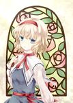  alice_margatroid bad_id bad_pixiv_id blonde_hair blue_eyes book capelet colored_eyelashes expressionless hairband highres kai_aki shiny shiny_hair short_hair solo stained_glass touhou white_capelet 