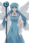  angel blue_eyes blue_hair highres machi_(purple-love) multiple_wings ribbon sariel seraph solo staff touhou touhou_(pc-98) wings 