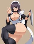  apron ass black_legwear bottomless breasts cleavage curvy eating flipped_hair huge_ass iroha_(samurai_spirits) kihaiu large_breasts maid maid_headdress open_mouth plump samurai_spirits smile solo thighhighs thighs v weapon 