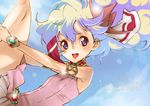  1girl armlet bracelet day flat_chest jewelry multicolored_hair nia_teppelin pink_skirt skirt sky smile solo tengen_toppa_gurren_lagann two-tone_hair younger yukimitsuki 