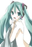  aqua_eyes aqua_hair bad_id bad_pixiv_id blush hatsune_miku headphones hijiki_(hijikini) long_hair simple_background solo topless twintails vocaloid 