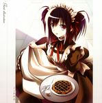  :p absurdres black_hair blue_eyes copyright_request dress food fork hair_ribbon headdress highres knife maid maid_headdress pie ribbon short_hair short_twintails solo tongue tongue_out tray twintails zinno 