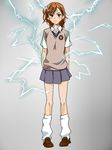  bad_id bad_pixiv_id biribiri blush brown_eyes brown_hair e-n electricity misaka_mikoto school_uniform short_hair skirt socks solo sweater_vest to_aru_kagaku_no_railgun to_aru_majutsu_no_index vest 