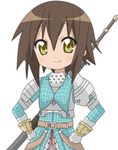  armor brown_hair kusakabe_misao lowres lucky_star monster_hunter nishisuke parody solo sword weapon yellow_eyes 
