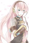  aqua_eyes bad_id bad_pixiv_id blush headphones headset hijiki_(hijikini) long_hair megurine_luka pink_hair simple_background solo tears vocaloid 