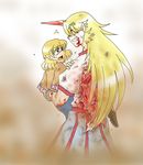  blonde_hair blood bow carrying closed_eyes grin hair_bow horn hoshiguma_yuugi injury long_hair mizuhashi_parsee multiple_girls open_mouth pointy_ears profile sakurameguri_shirou shirt shoes short_hair smile sweatdrop t-shirt torn_clothes touhou 