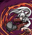  bow fire foreshortening fujiwara_no_mokou hair_bow hair_ribbon highres long_hair outstretched_arm outstretched_hand pants red_eyes ribbon serious shirt shoes silver_hair solo suspenders touhou uousa-ou white_shirt 