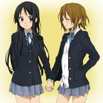  akiyama_mio alternate_hairstyle bad_id bad_pixiv_id bangs black_eyes black_hair blunt_bangs blush brown_hair closed_eyes e-n hair_down hand_in_pocket hime_cut holding_hands interlocked_fingers k-on! long_hair multiple_girls school_uniform short_hair skirt smile tainaka_ritsu yuri 