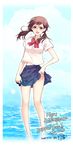  bad_id bad_pixiv_id barefoot blouse blush bow cloud copyright_request day korean mirk school_uniform skirt skirt_hold sky smile solo twintails wading water 