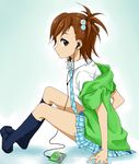  bad_id bad_pixiv_id brown_eyes brown_hair digital_media_player e-n earbuds earphones futami_mami hair_bobbles hair_ornament hands idolmaster idolmaster_(classic) jacket necktie rough_time_school school_uniform short_hair side_ponytail socks solo 