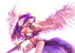  akroma angel angel_wings armor breasts cleavage halo large_breasts legs long_hair magic:_the_gathering purple_hair shiizako solo sword thigh_strap thighs weapon wings 
