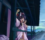  bad_id bad_pixiv_id black_hair blue_eyes bow hair_bow hakurei_reimu hidebo long_hair robe short_hair solo touhou yawning 