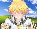  778 against_fourth_wall against_glass bliss_(image) blonde_hair blue_eyes blush cloud day field fourth_wall headset incoming_kiss kagamine_len male_focus md5_mismatch nail_polish necktie sailor_collar sky solo vocaloid wallpaper yellow_neckwear 