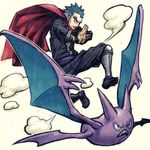  blue_hair crobat eyebrows fishnets full_body gen_2_pokemon grey_hair gym_leader jumping kyou_(pokemon) lowres male_focus meimaru_inuchiyo multicolored_hair ninja pants pokemon pokemon_(creature) pokemon_(game) pokemon_gsc pose scarf shoes simple_background sleeves_rolled_up smoke two-tone_hair wristband 