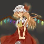  blonde_hair bonnet bow dress flandre_scarlet glowing red_eyes ribbon scared side_ponytail simple_background solo touhou tsurime vampire wings 