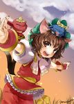  animal_ears bad_id bad_pixiv_id blue_oni brown_eyes brown_hair cat_ears chen earrings hat jewelry mokokosan oni red_oni short_hair solo touhou 